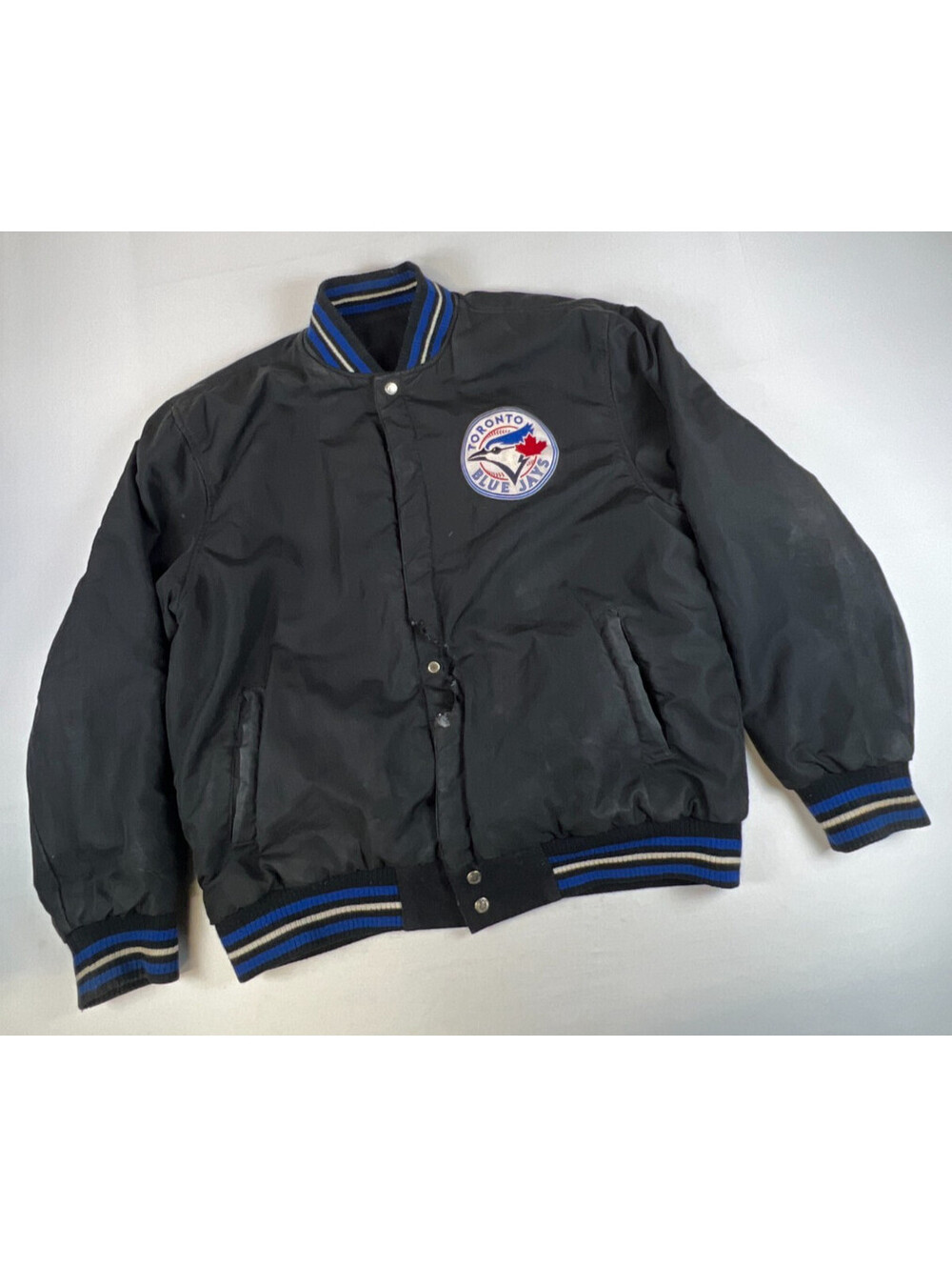 Vintage JH Design Toronto Blue Jays Varsity Jacket Black Royal Blue XL Damaged - Picture 9 of 13